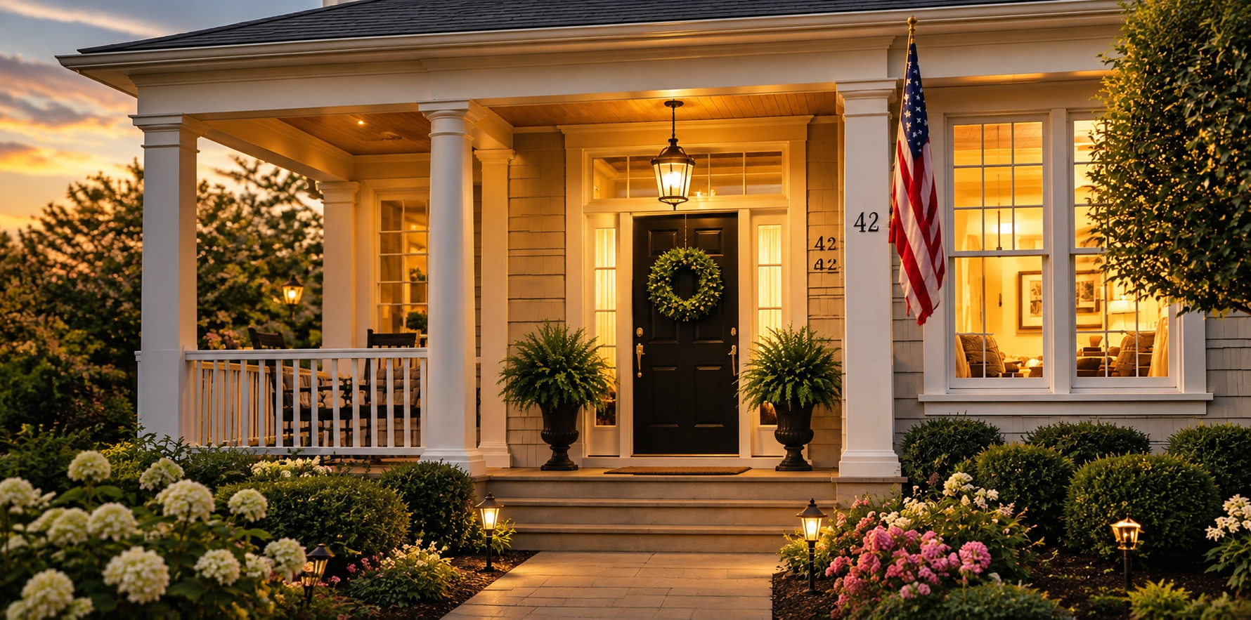 Warmly lit front entrance of a Diginoir shared living home at dusk