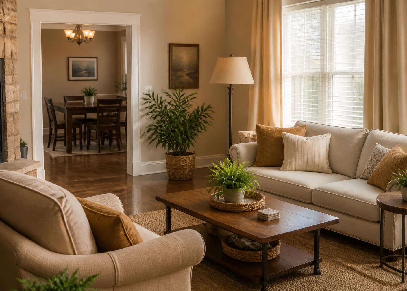 A warm, welcoming shared living room with neutral furnishings and natural light